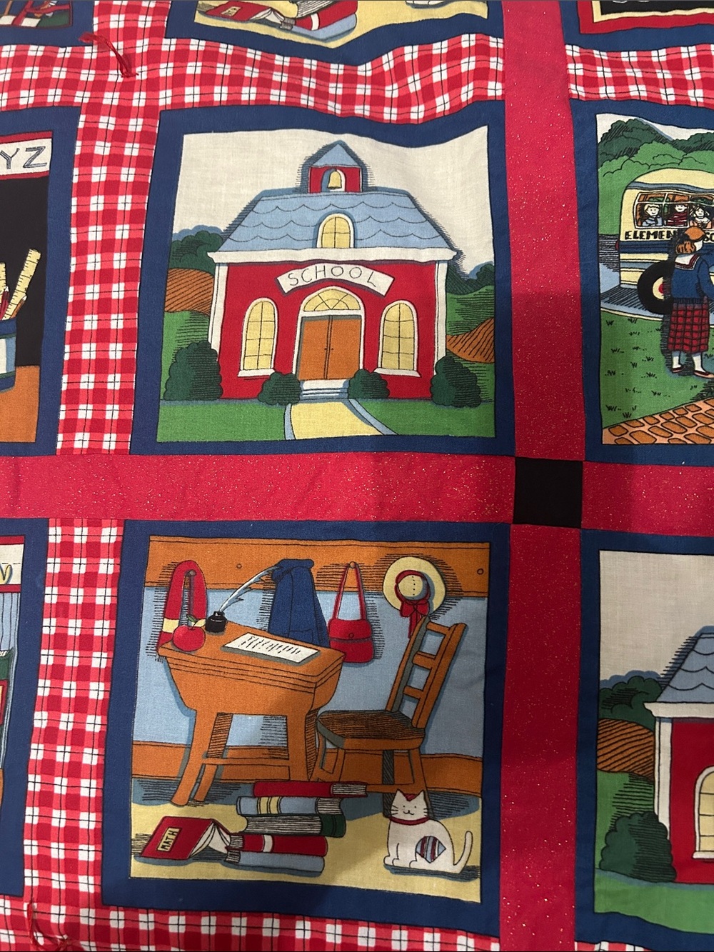 Schoolhouse Print Quilted Throw - Red & Blue. Full Quilt